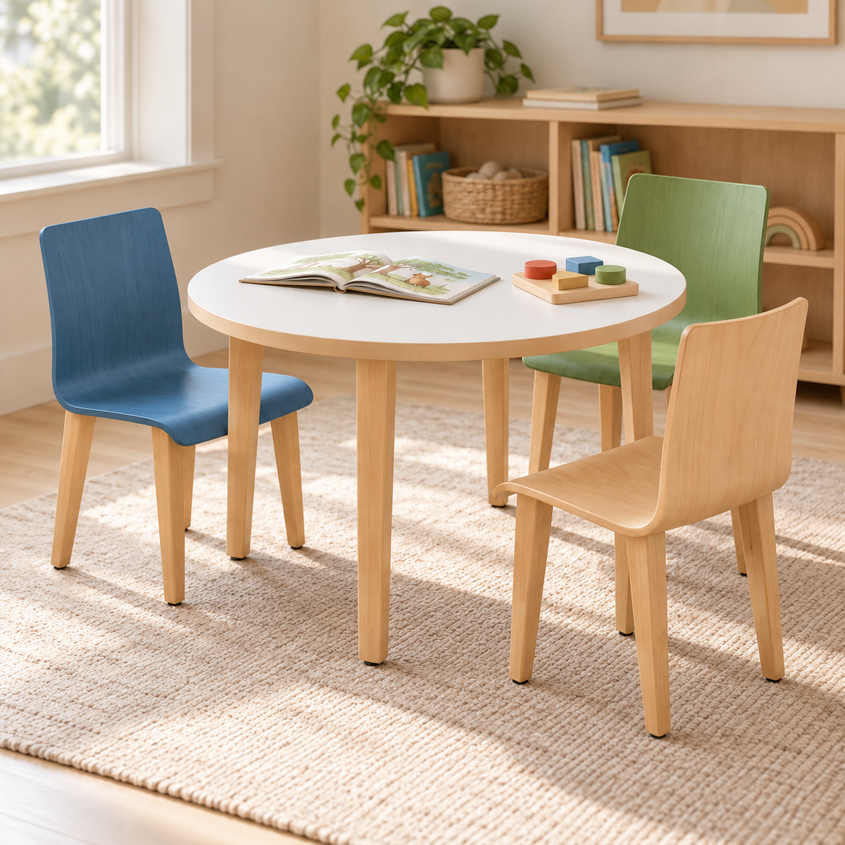 Children’s Kestrel round table with blue, green, and natural wood chairs in a neutral reading nook.