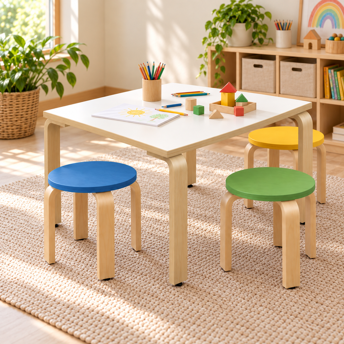 Children’s Plover square table with blue, green, and yellow stools in a neutral creative activity space.